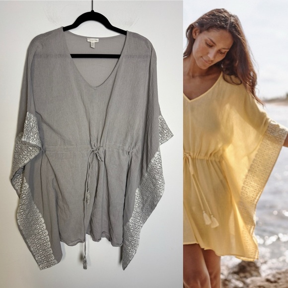 Garnet Hill Kaftan Tunic Top Beach Coverup Crinkle Cotton Gray Embroidery S - Picture 1 of 9